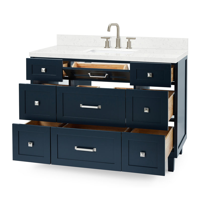 Meuble-lavabo simple avec comptoir en quartz ARIEL Monroe, Bleu minuit, 48" - 49", Carrara White Quartz