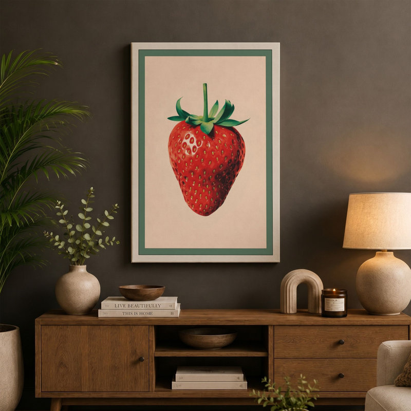 Strawberry Study Botanical - Wrapped Canvas, 18x12 - 45.7 x 30.5 cm, Cream Border