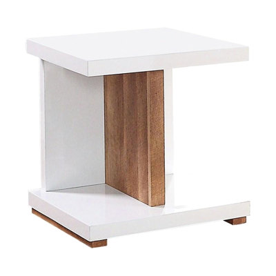 Modern End Table With Two - Tone Finish, Open Shelves, High Gloss White And Natural, Replicated Wood Base Featuring Contemporary Style, Tone, Solid Construction