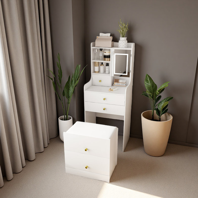 Coiffeuse 3 en 1 avec miroir à DEL et tabouret de rangement - coiffeuse de maquillage compacte avec 4 tiroirs, armoire de rangement et tabouret caché, panneau de densité blanc, bibliothèque ouverte pour l'organisation de la chambre à coucher