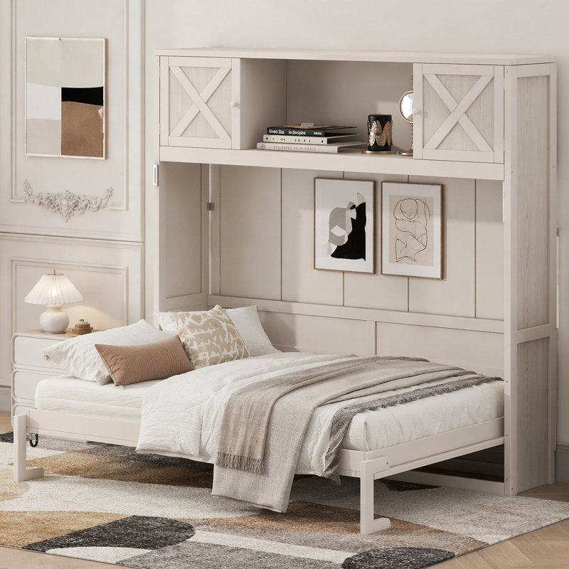 Grand lit escamotable avec armoires de rangement, Queen, Beige