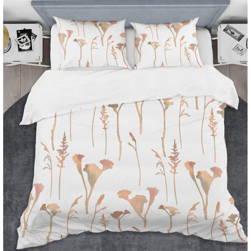 Ensemble de housse de couette rétro mid-century handdrawn fleurs i, Housse de couette très grand + 2 taies décoratives