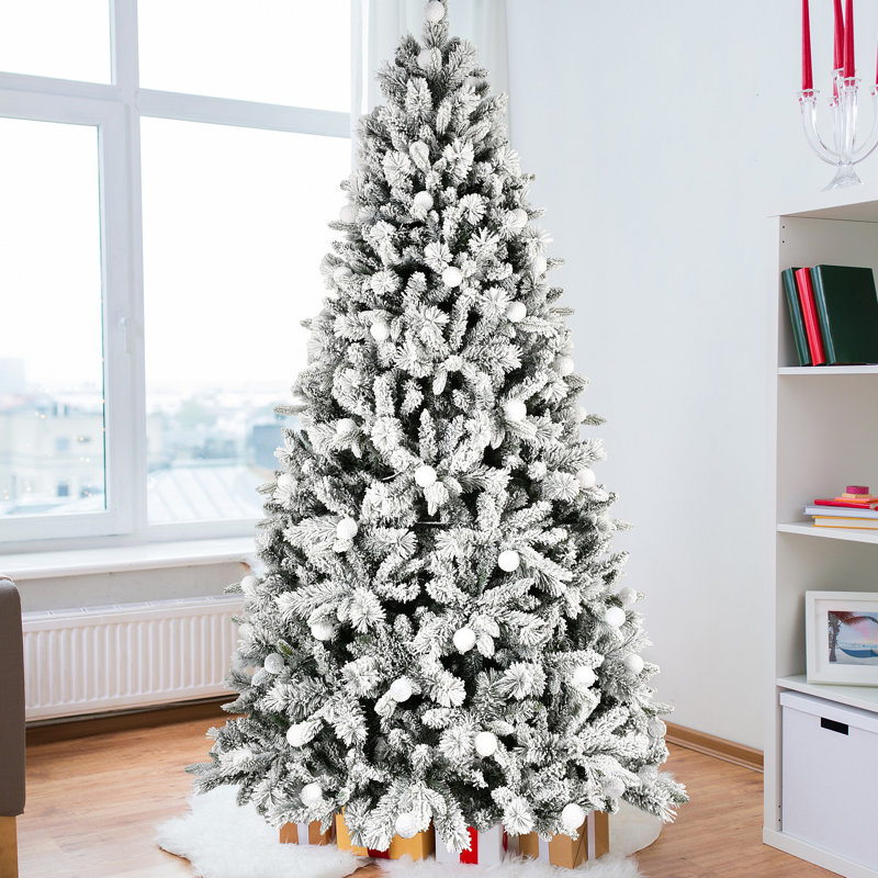 Arbre de Noël enneigé 8 pi avec 470L de lumières colorées à DEL avec boule G45, arbre réaliste articulé en PE + PVC + à aiguille dure avec fil mémoire, 10 modes d'éclairage, interrupteur au pied et support en métal stable
