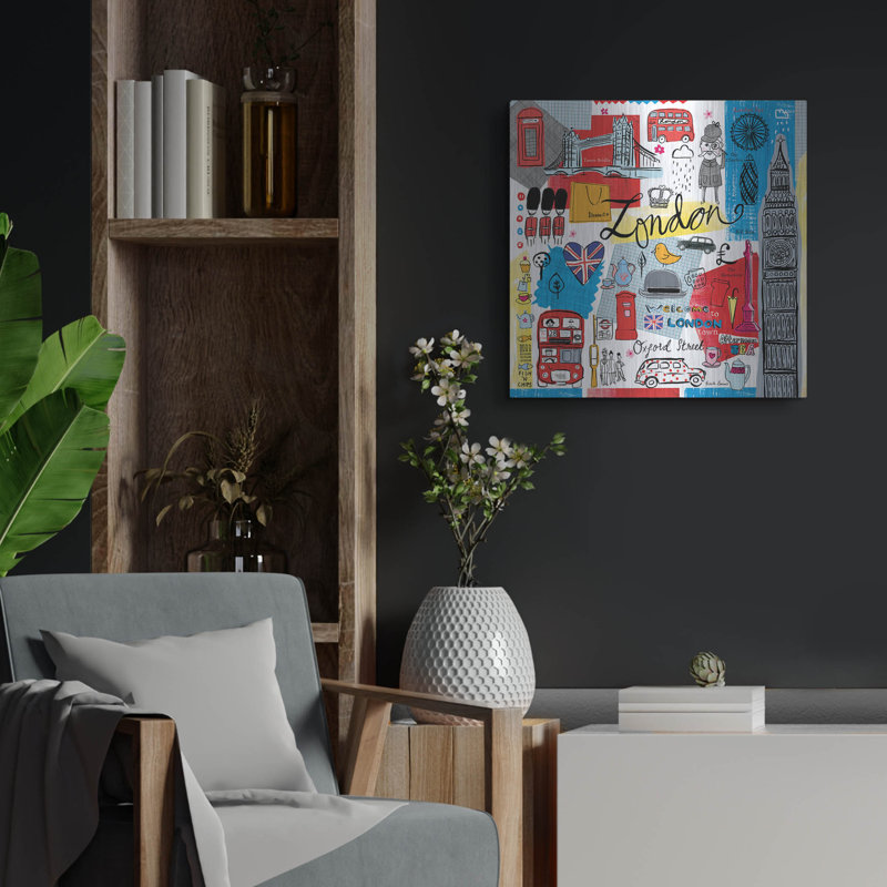 Art mural en métal luxueux «Travelling London» par Farida Zaman, 24 po x 24 po