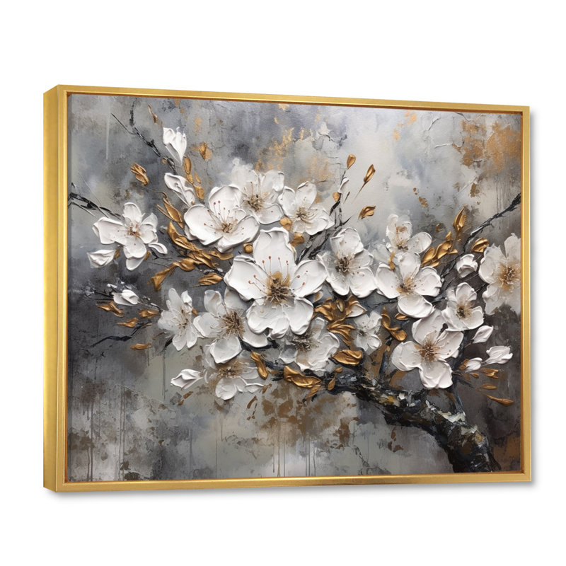 Harmonie I de cerisier blanc et gris - art mural floral pour le salon, H 16 po x l 32 po x P 1 po, Cadre flottant doré