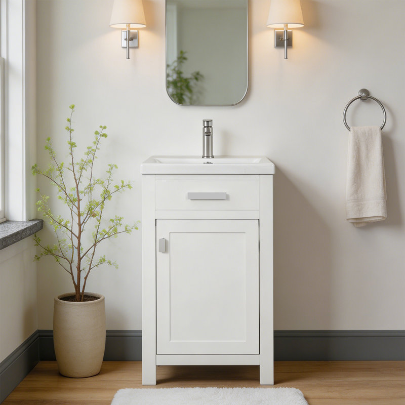 Meuble-lavabo simple autoportant moderne de 20 po avec plateau en céramique pour petit espace, Blanc