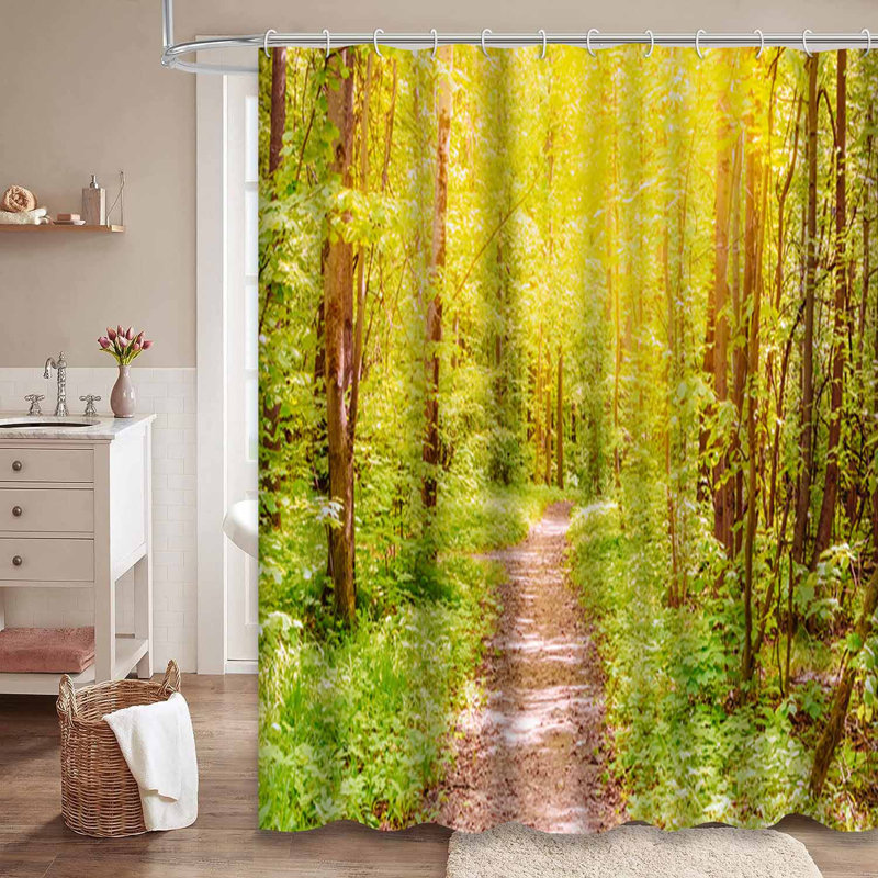 Route ensoleillée, forêt, herbe verte, arbres, journée ensoleillée avec 12 crochets, L 72 po x l 84 po