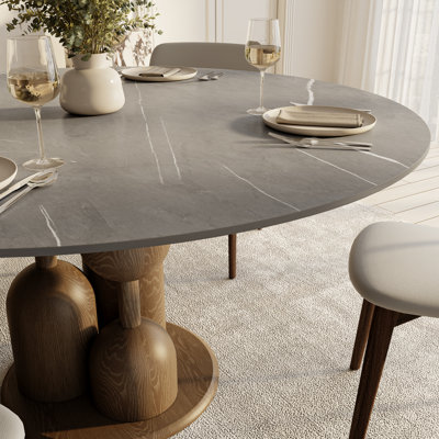 Amberly Luxury Modern Round Sintered Stone Dining Table Solid Wood Pedestal Kitchen Table For 2-8, One-step Installation