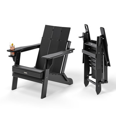 Black Oversized HDPE Patio Folding Adirondack Chair With Cup Holder