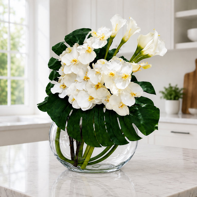 Moon Glass Vase with White Orchids, Monstera Leaves, and White Callas