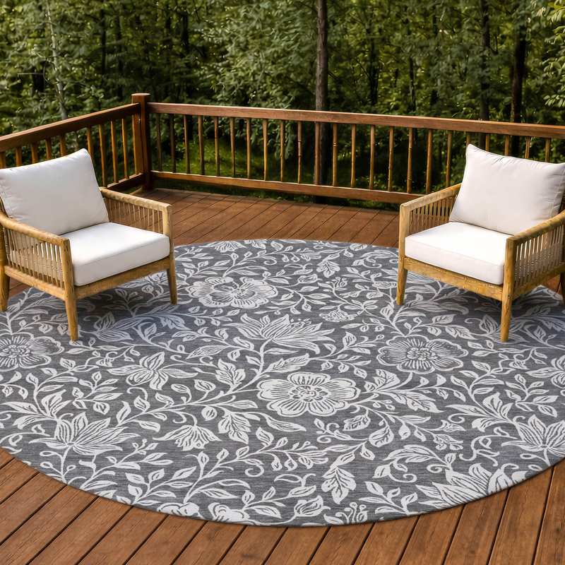 Machine Washable Indoor/Outdoor Chantille ACN2572 Floral Rug, Gray, 8' Round