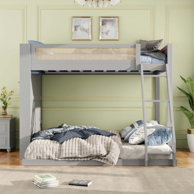 Twin over Full Bunk Bed with Shelf and LED, Combining Classic Cane Aesthetics and Modern Functionality for Small Spaces(Without Mattress)
