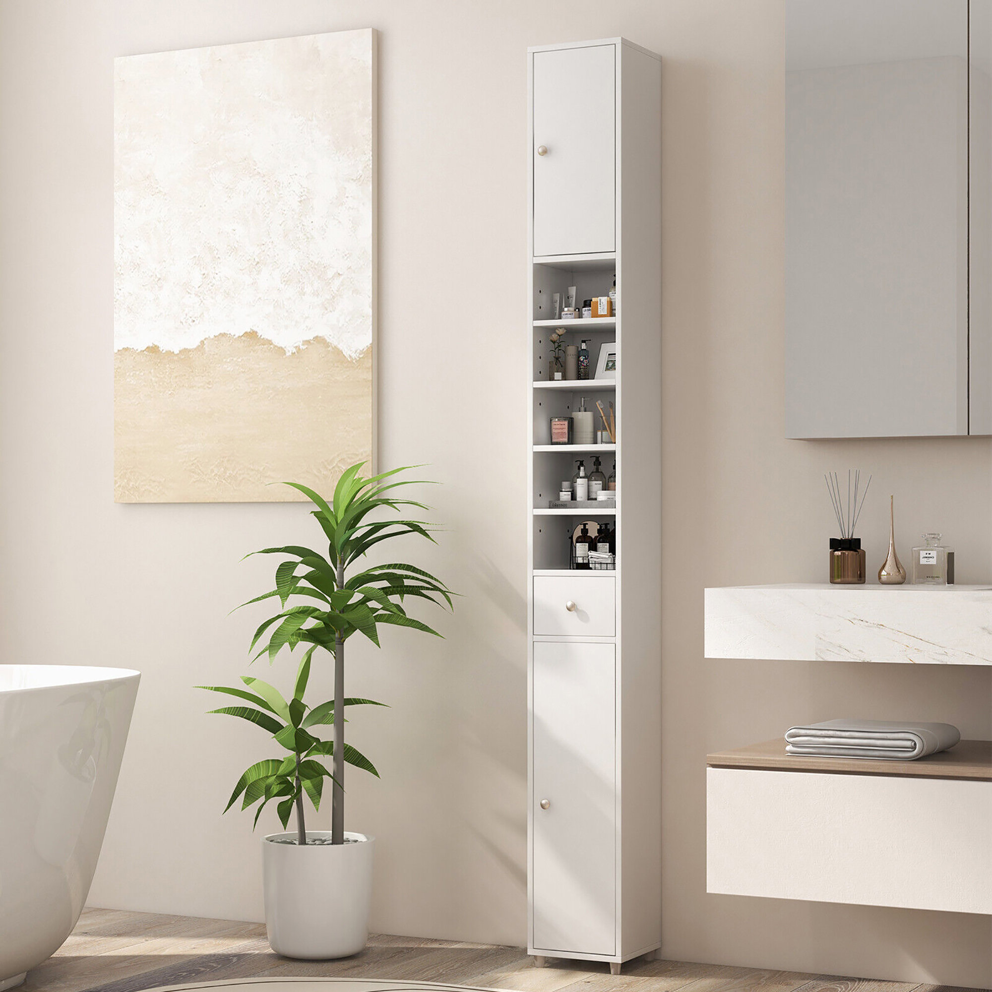 Tall Bathroom Storage Cabinet, Freestanding Linen Tower Slim