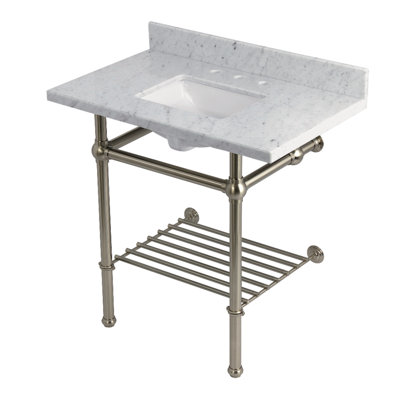 Lavabo console en marbre Carrara de 36 pouces avec pieds et tablette en laiton Kingston Templeton (8 pouces, 3 trous)