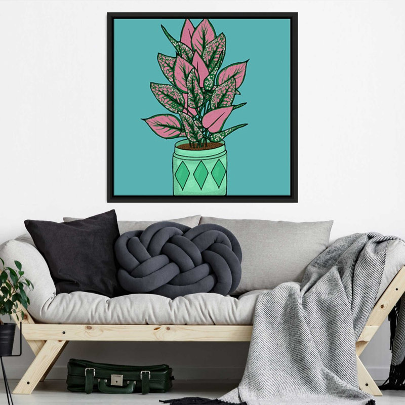 «Pots Plant On Teal III» par Jen Bucheli - impression sur toile, 24" H x 24" W, Black