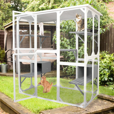 Charming Medium Cat Cage, White Wooden House For Kitties Pet Enclosure, Cage Security