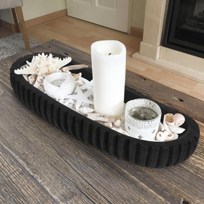 Wooden Decorative Bowl For Home Decor, 16" Rustic Dough Bowl With Hand Carved Vertical Stripes, Long Wood Tray For Table Centerpieces, Matte Black