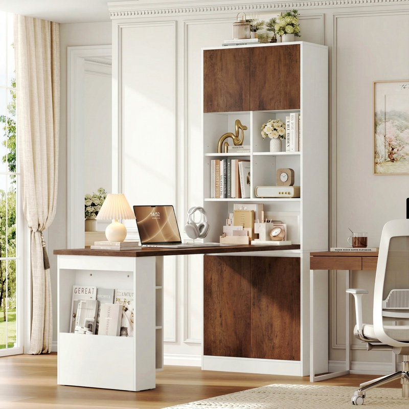 74.8"H Bookcase and Desk Combination with Mobile Desk, Flexible Pairing Options, White & Wood Finish 