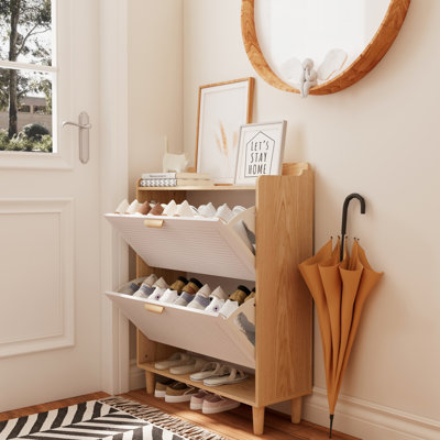 31.5 Inch Nordic Style Shoe Storage Cabinet With 2 Flip Drawers, Freestanding Organizer With Solid Wood Legs For Entryway, Narrow Shoe Rack Cabinet