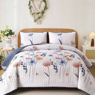 3 Pieces Floral Quilt Set Lightweight Farmhouse Style Coverlet Sets For All Season