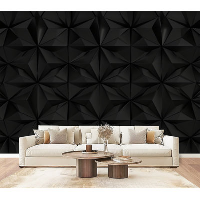 Peel and Stick Wallpaper Black Geometric Faceted Dark Polygonal Wall Murals 69"H x 96"W Removable PVC Wall Paper Self-Adhesive Wall Decor for Bedroom Living Room Home Office