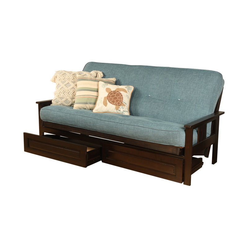 Stratford Full-Size Futon Frame Includes Storage Drawers and Mattress, Espresso, Linen Aqua, Premium Pocket Coil