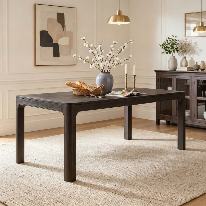 Rectangular Dining Table with Parquet-Style Top, Rounded Corners, and Adjustable Feet for Modern Interiors