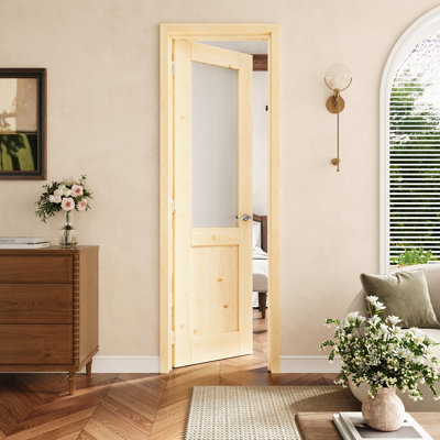Porte intérieure pré-suspendue en bois de pin et verre givré 24 po x 80 po avec charnières argentées, dalle de porte en verre avec cadre, porte intérieure comme porte de garde-manger, porte de chambre à coucher, porte de buanderie, portes de placard, portes de pièce, main gauche