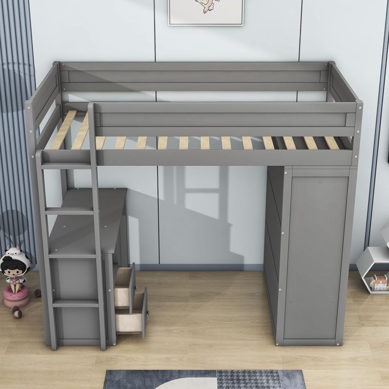 Clamart Wood Loft Bed with Wardrobes and 2 Drawer, Twin, Gray