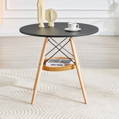 Table de salle à manger ronde 31,5 pouces avec panier de rangement suspendu, plateau en panneau de fibres à densité moyenne noir profond et pieds en bois massif, sièges 2-4