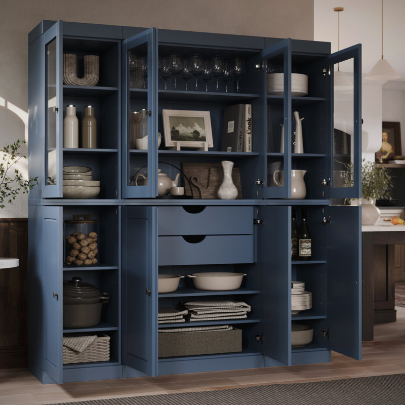 Armoire de cuisine haute 100% en bois massif avec portes en verre et 2 tiroirs, tablettes réglables, armoire de rangement modulaire de cuisine Pulcova, l 65 po x H 71,5 po
