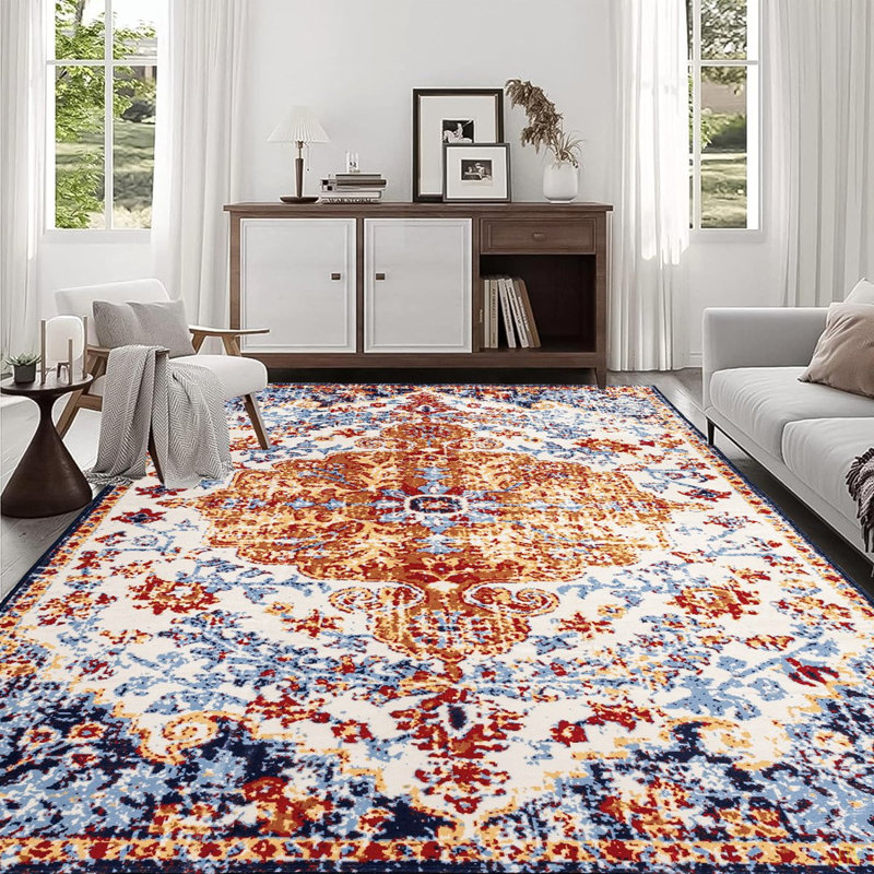 Area Rug 8X10 Vintage Bohemia Large Persian Non-Slip Washable Rug For Living Room Kitchen Bedroom Living Room Flower Design Amber