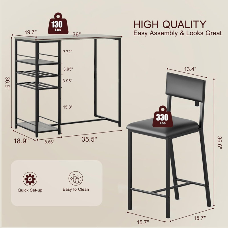 Bistro Table and Chairs Set of 2, for Small Space, Apartment, Home, Studio, Gray
