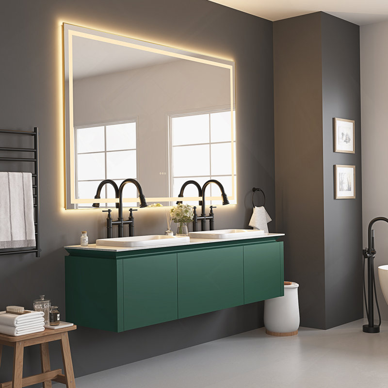 Miroir de salle de bain 48 pouces à DEL avec façade et rétroéclairage, miroir de meuble-lavabo mural avec cadre en aluminium, anti-buée, mémoire, gradation continue
