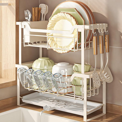 2-Tier Dish Drying Rack with Drainboard, Large Capacity Dish Racks for Kitchen Counter Shelf with Utensil, Cups, Cutlery， Cutting Board