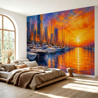 Wall Mural Peel and Stick Wallpaper Sailboats Marina Reflections Abstract Blue Orange Urban Harbor Self-Adhesive Removable Contact Paper Wall Decor for Living Room Bedroom 69"H x 96"W