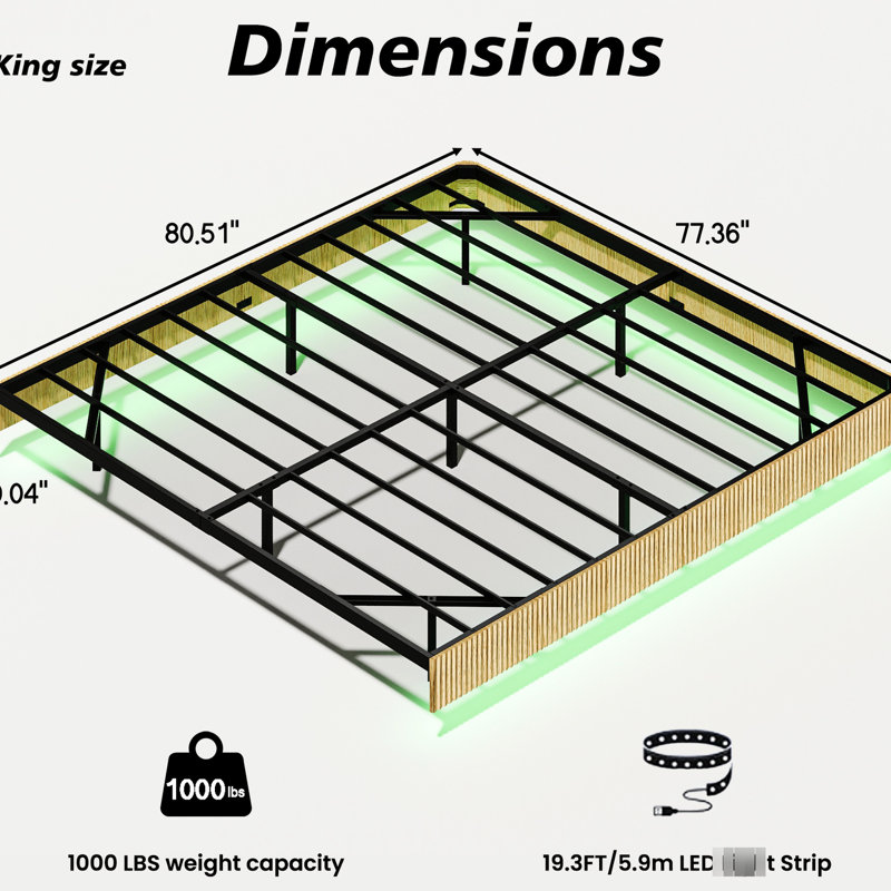Oak - Colored King Size Floating Bed Frame, Wave Curve Wood Texture, Led Lights, Metal Invisible Suspension, Sleep Rejuvenation Effect Frame For Bed, Oak, Heavy Duty Slats, Physical Release