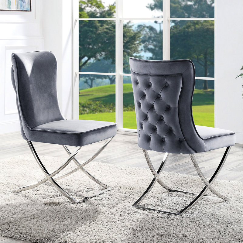 Chaises d'appoint rembourrées en velours gris 2 pièces - Structure, bouton classique profilé, pour salle à manger
