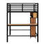 Lit mezzanine double en métal et en bois - noir et brun, construction stable, tablettes de bureau en L, espace sous l'espace, garde-corps, aucun sommier requis