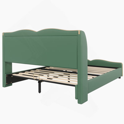 Cadre de lit tapissier en cuir grand format, cadre de lit moderne avec tête de lit à oreilles, lit plateforme tapissier avec pied de lit ondulé, pas de sommier nécessaire, vert foncé