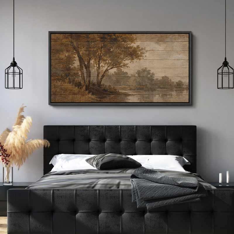 Sépia, montagne, forêt, rivière, paysage, paysage rétro, impression murale, H 30 po x l 60 po x P 1,5 po, Noir