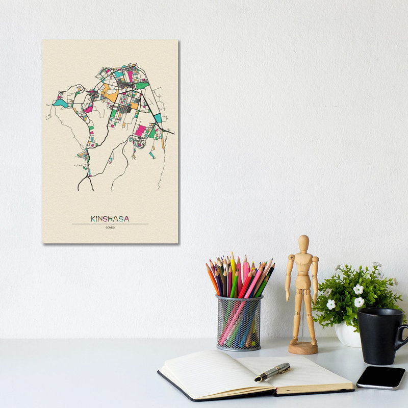 Kinshasa, DR Congo Map by Ayse Deniz Akerman - Wrapped Canvas Print, 20.32 cm H x 30.48 cm W