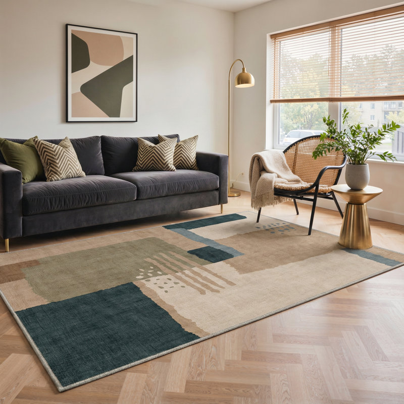 Geometric Machine Washable Block / Sand Indoor Area Rug With Non-Slip Backing, Round 5'