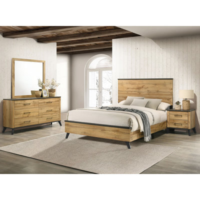 Quatre pièces pour un grand lit de style rustique Mid-Century, pin naturel et brun vieilli, lit, table de chevet, commode, miroir inclus avec esthétique, garniture en bois brun, commode