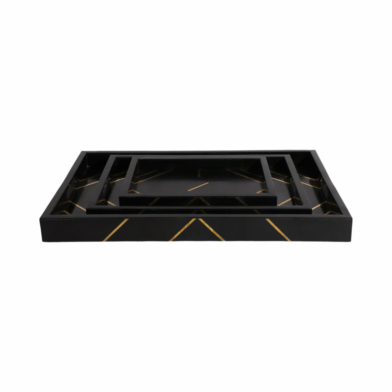 Terrera Serving Tray Set Resin/Wood/Metal Geometric Gold Detailing 24" Wide Black/Gold Finish Home/Office Use Set of 3