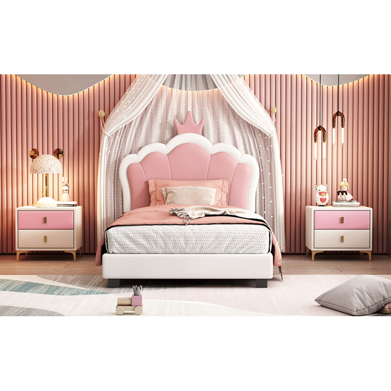 Lit simple tapissier princesse avec tête de lit couronne, lit plateforme simple, Crème