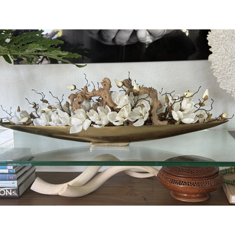 Driftwood and Denver Boat Magnolia Centerpiece, 8" H x 40" W x 5" D, Gold