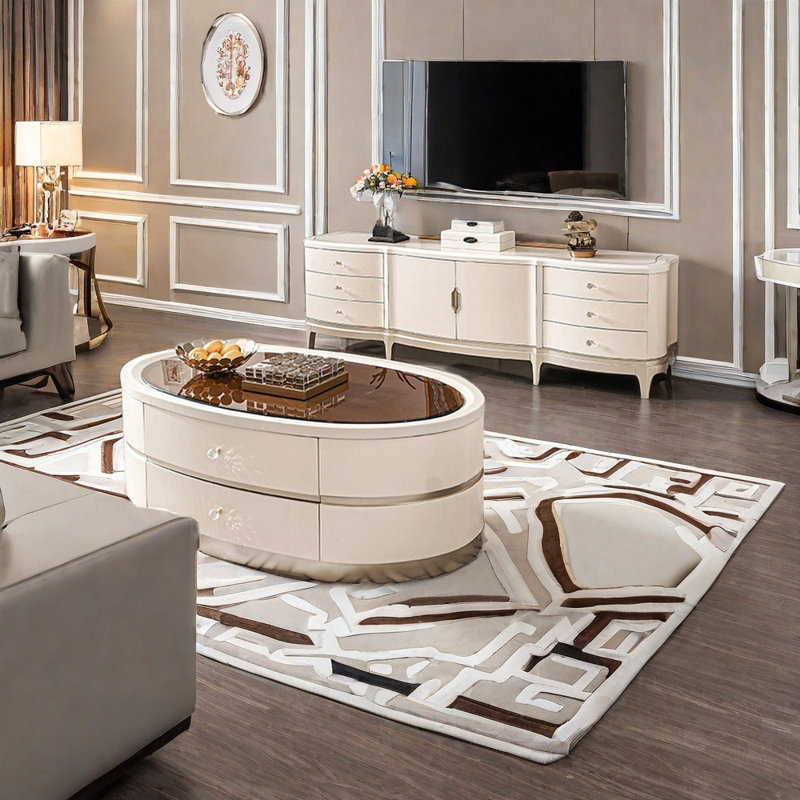 Rounded corner TV stand and coffee table, White/Natural