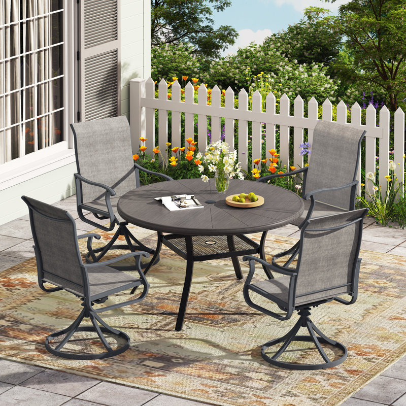 4-Person Outdoor Round Dining Set With Swivel Chairs, Gray Woodlike/Gray