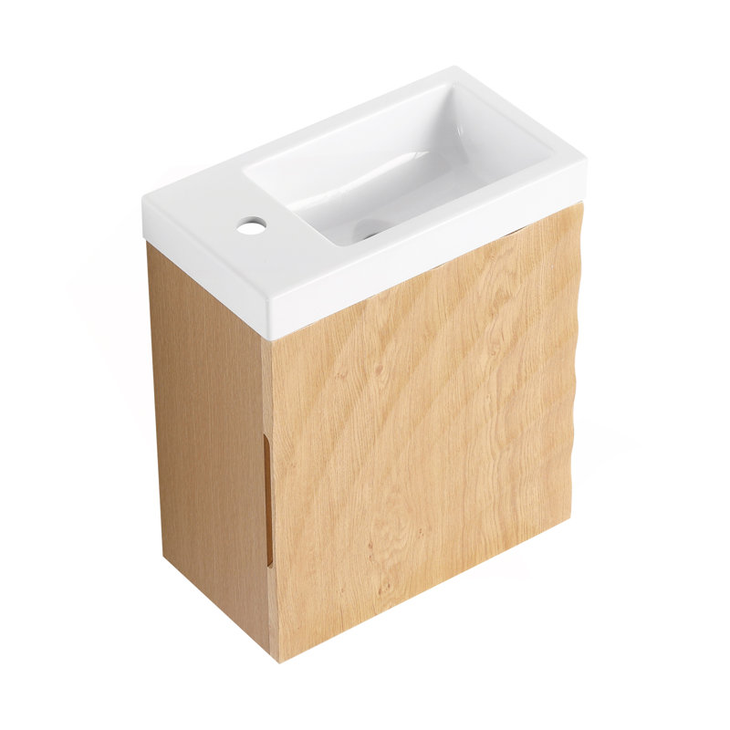 Meuble-lavabo mural 18,5 po avec lavabo en résine, porte simple à fermeture douce, panneau de fibres à densité moyenne, bois naturel (KD-Packing)